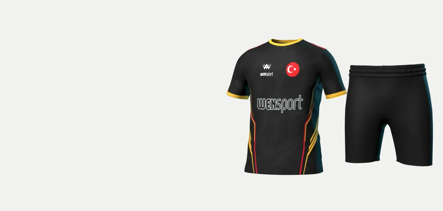 WN-1083 siyah ve sarı futbol forması ile siyah şort, tam takım görünümü