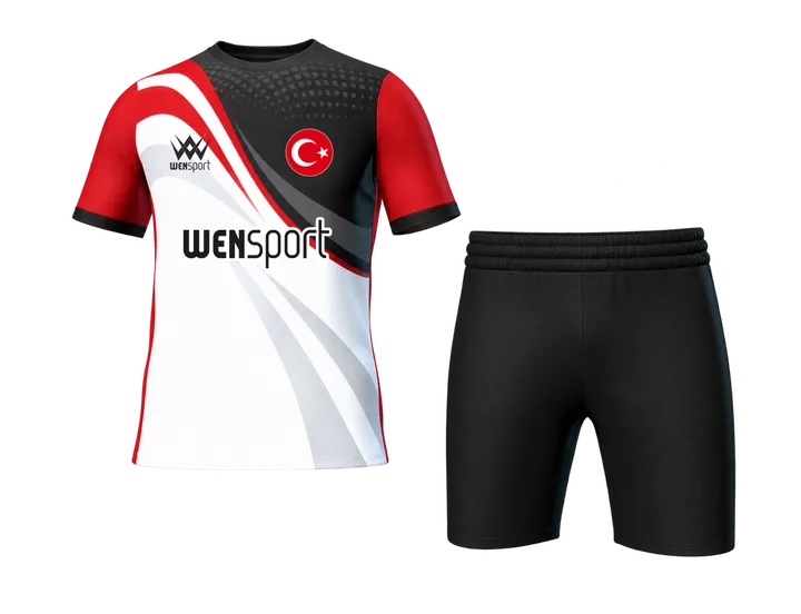 Kırmızı, beyaz ve siyah renkli WN-5014 forma ve şort örneği
